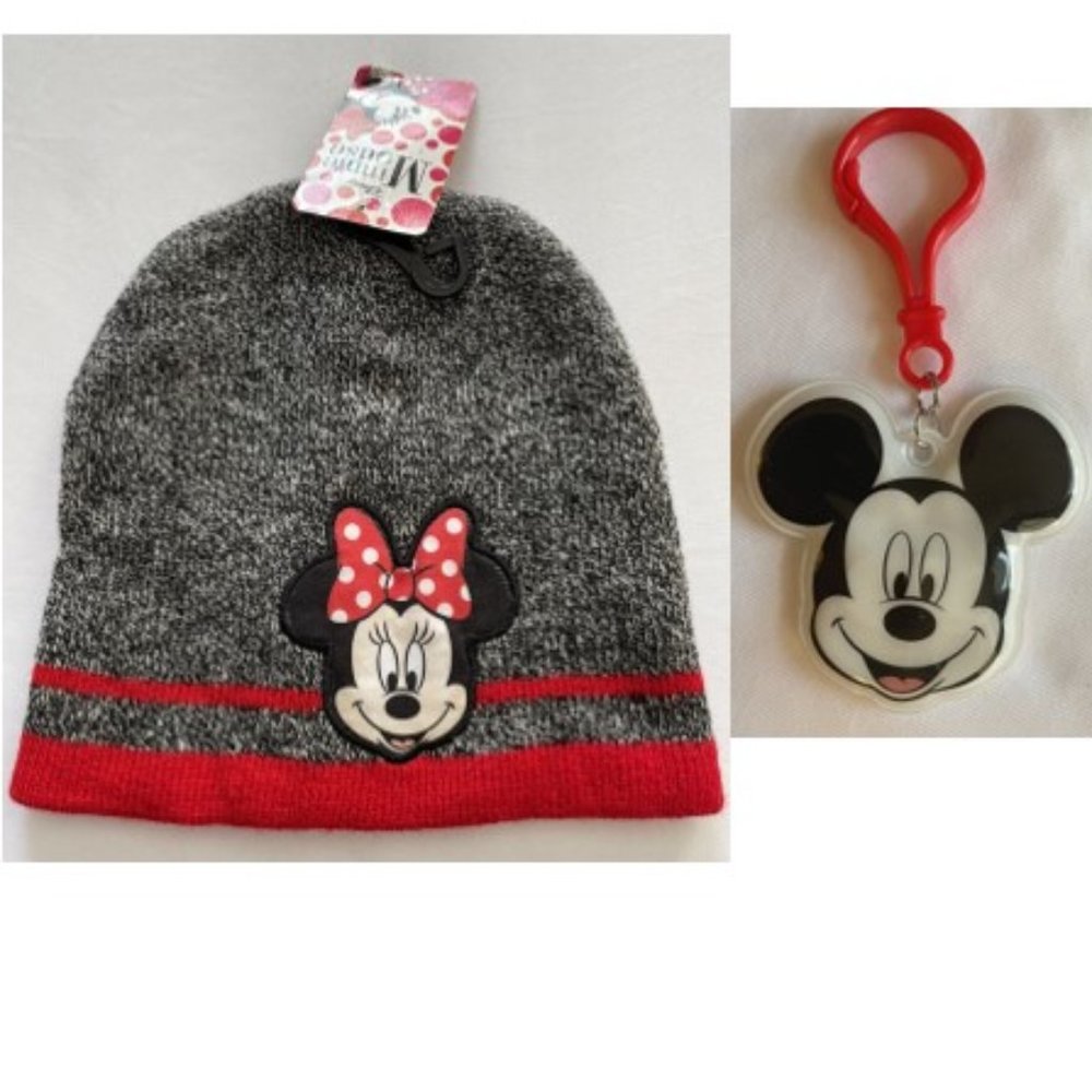 New Disney Minnie Mouse Beanie Gray and Red OS & Mickey Mouse Keychain w/ Light